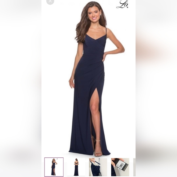NWT La Femme Navy Gown High Slit Jersey Ruched Dress 6 MSRP $349 - Picture 9 of 10